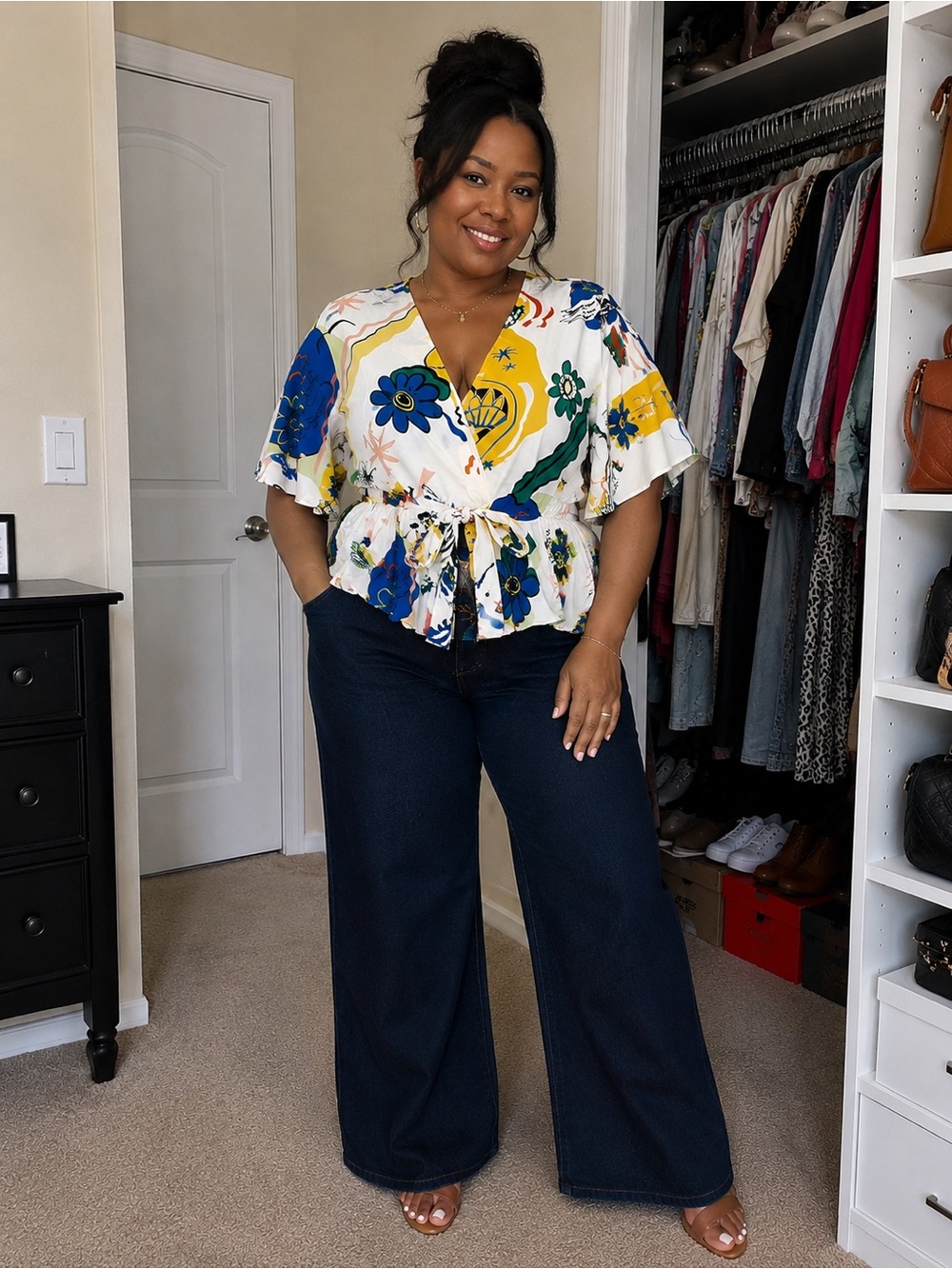 Sweet Rain Floral Tie-Front Peplum Top in White, Blue & Yellow